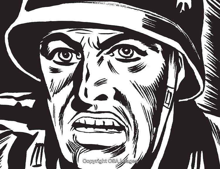 Illustrative Artwork of a Soldier With an Intense Expression in Black and White