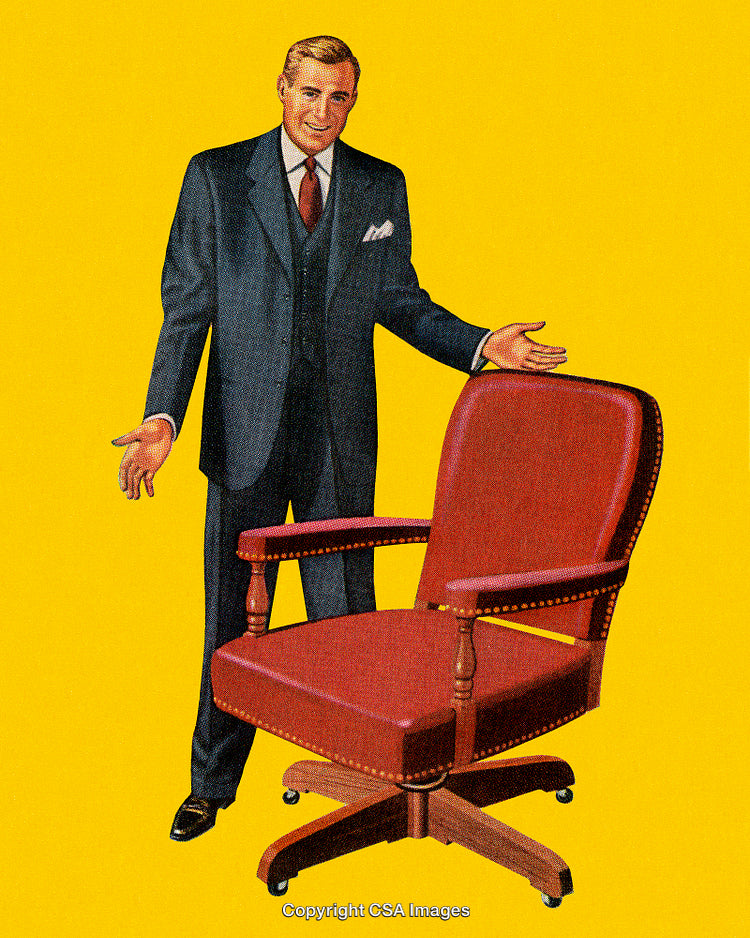Retro Businessman Presenting a Classic Red Office Chair on Yellow Background