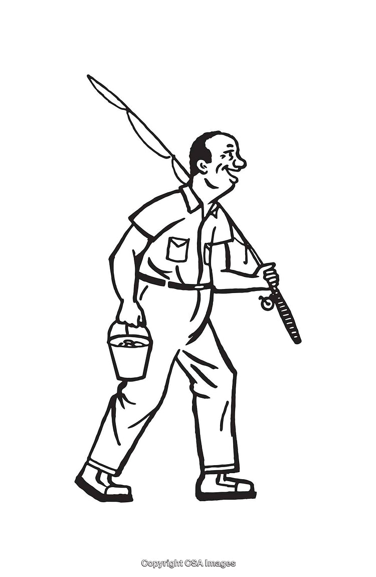 Black and White Line Art of a Happy Fisherman Carrying Gear
