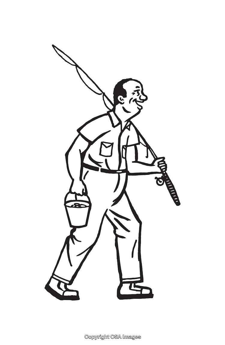 Black and White Line Art of a Happy Fisherman Carrying Gear