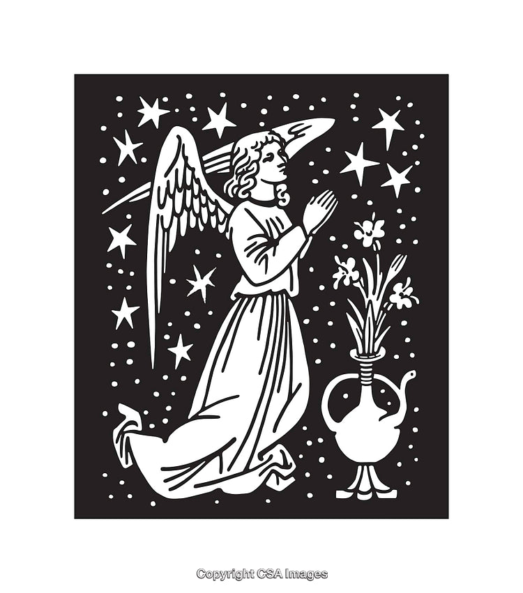 Elegant Angelic Figure Praying Among Stars and Flowers in Line Art