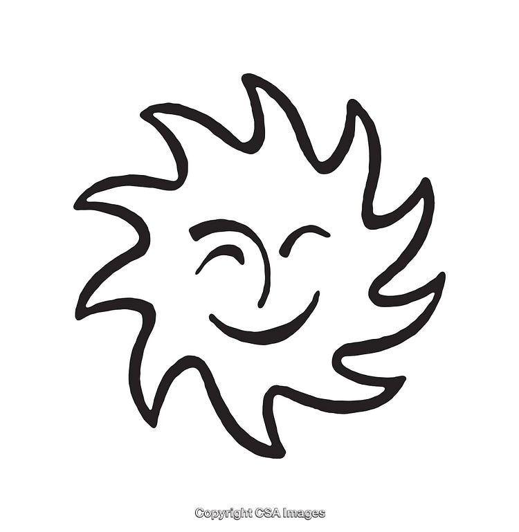 Happy Sun with Smiling Face in Black and White Line Art