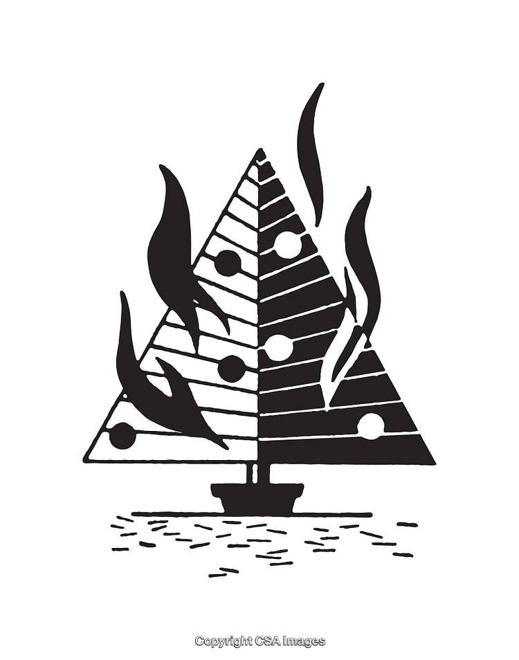 Black and White Line Art Illustration of a Symbolic Burning Tree