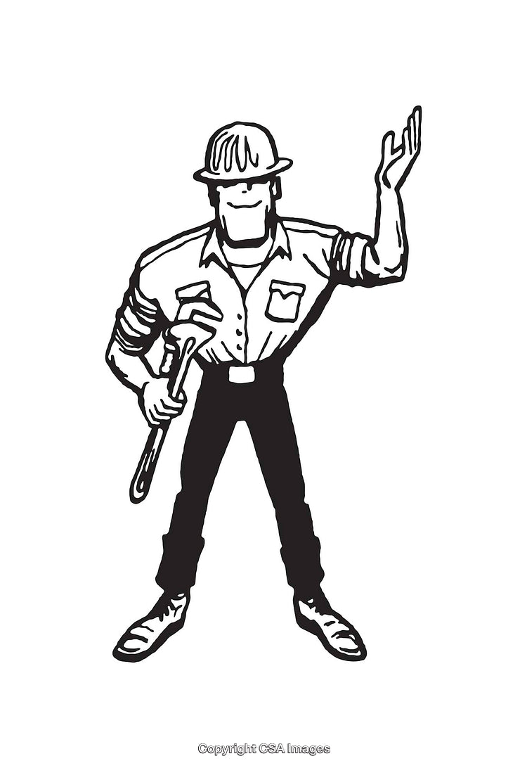 Black and White Line Art of a Construction Worker Holding a Tool