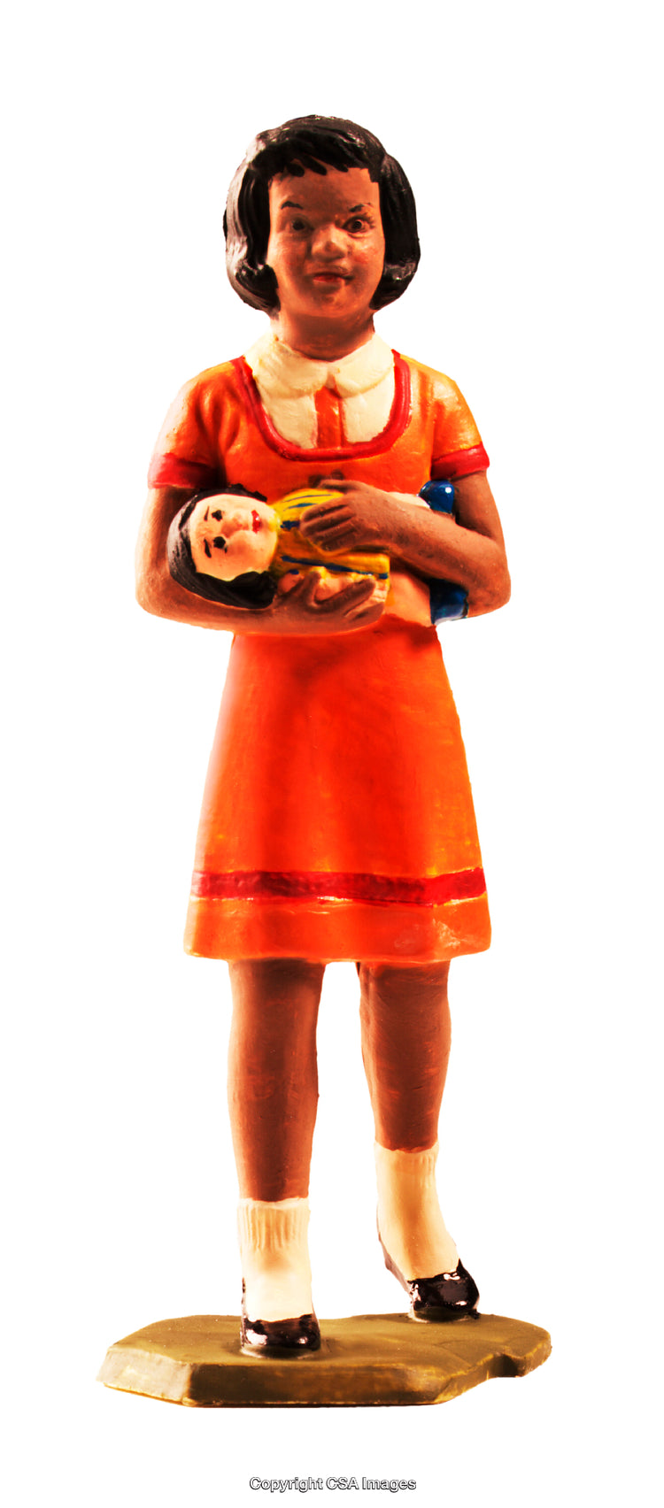 Vintage Figurine of Girl Holding a Doll in Orange Outfit