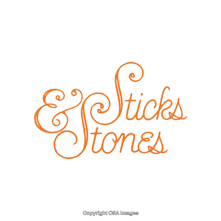 Elegant Curly Handwriting of Sticks and Stones in Orange Hue on White