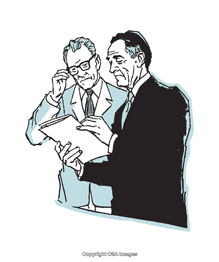 Two Business Professionals Analyzing Documents in a Color Illustration