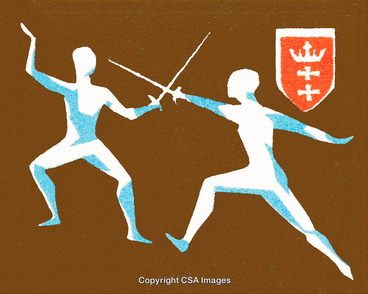 Two Stylized Fencers Battling with Swords in a Dynamic Action Scene