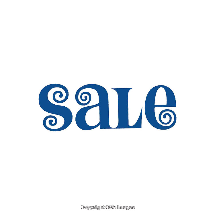 Blue Decorative Sale Text on White Background with Swirled Stylized Letters