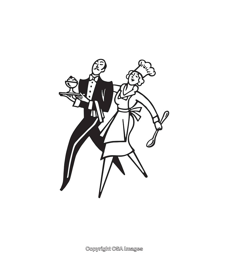 Elegant Chef and Waiter Duo in Black and White Line Art