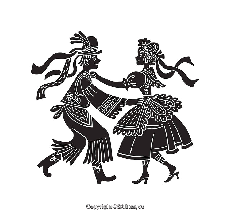 Traditional Folk Dance Illustration in Black and White Hand-Drawn Art