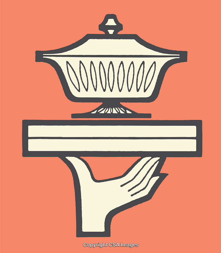 Elegant Line Art of Hand Holding Covered Dish on Coral Background