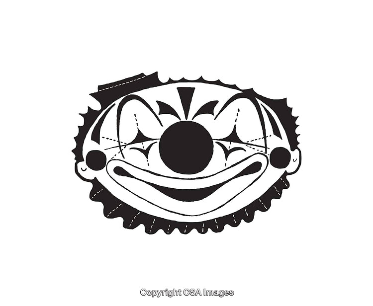 Black and White Line Art Illustration of a Stylized Clown Face