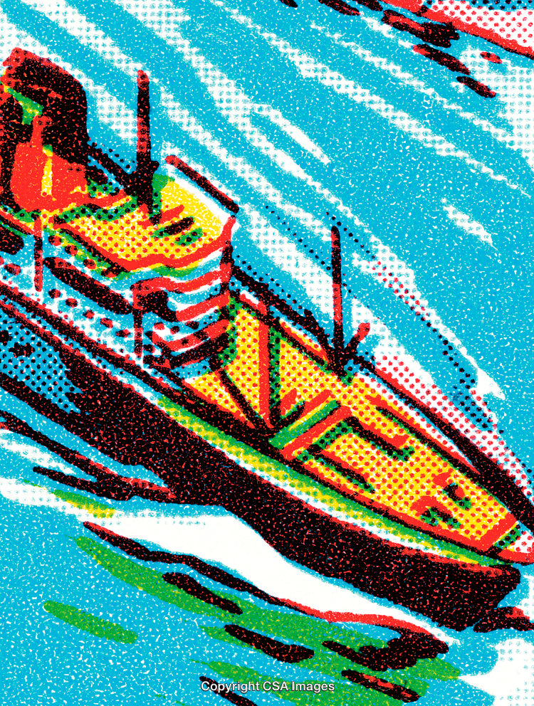 Colorful Vintage Illustration of a Ship in Motion on Open Water