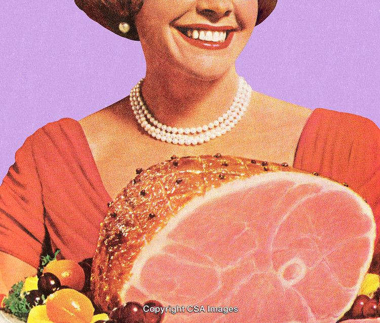 Retro Styled Woman Holding Holiday Ham on a Platter with Vibrant Colors