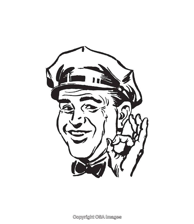 Retro Black and White Illustration of a Smiling Man in a Uniform