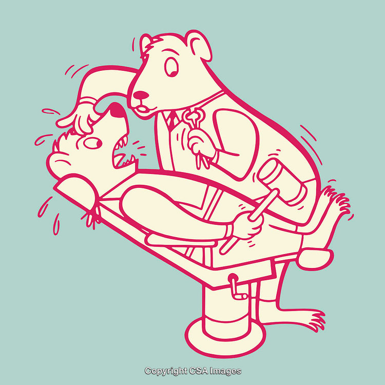 Humorous Illustration of Anthropomorphic Bear Dentist Treating Nervous Patient