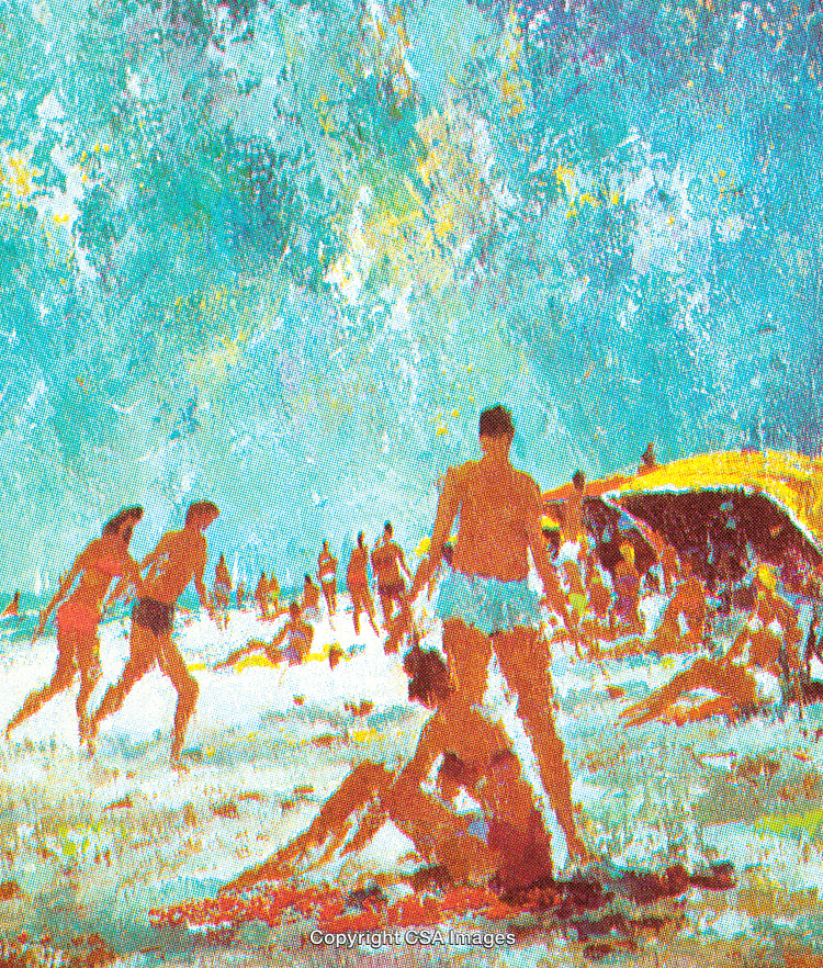 Colorful Beach Scene with People Enjoying the Ocean and Sunny Weather