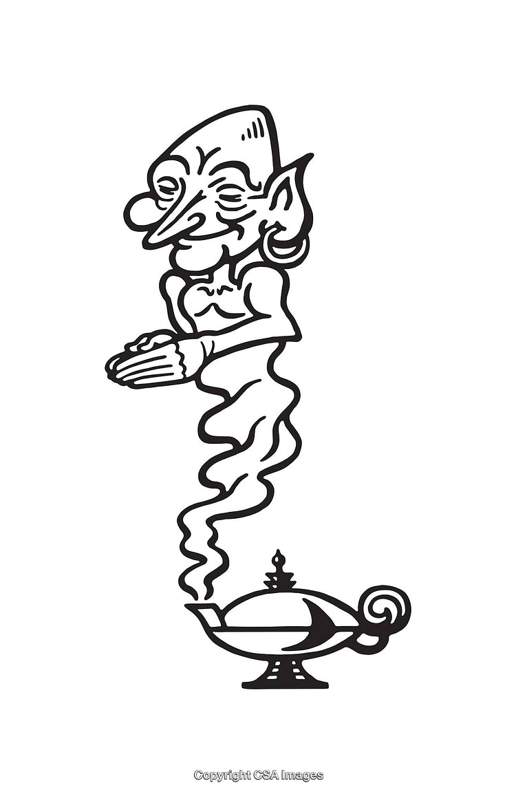 Black and White Line Art Illustration of a Genie Emerging from a Lamp