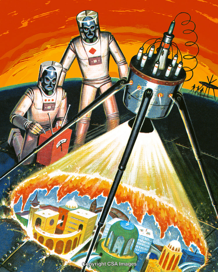 Retro Illustration of Futuristic Robots Examining a Hidden City Underneath