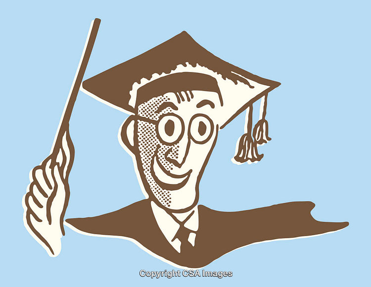 Vintage Cartoon Illustration of a Cheerful Graduate with Cap and Cane