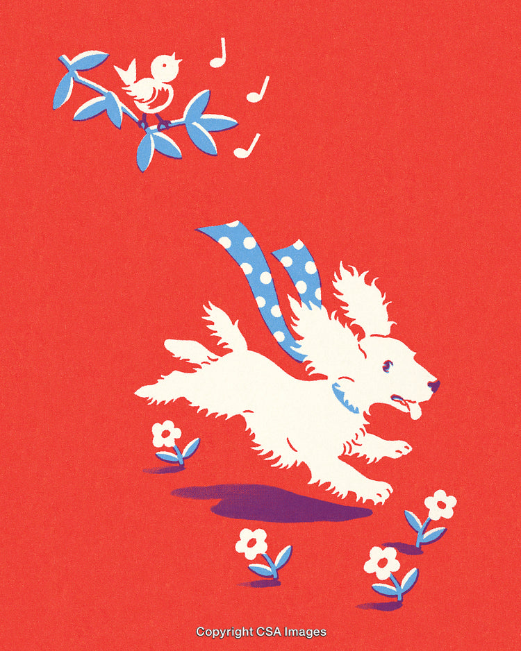 Playful Dog Leaping in a Vibrant Scene with Singing Bird