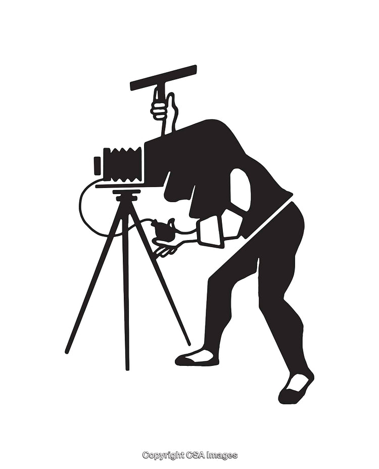 Vintage Line Art of a Photographer Using a Tripod Camera