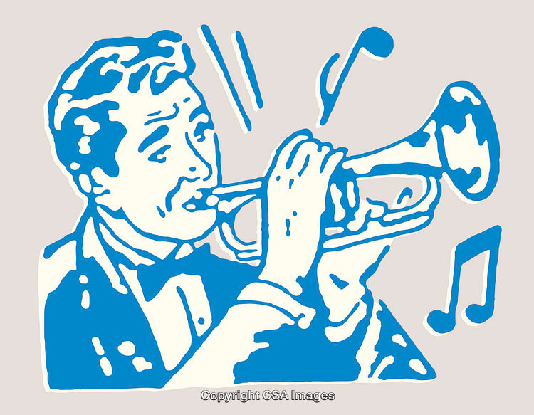 Vintage Line Art of Musician Playing the Trumpet in Blue Illustration