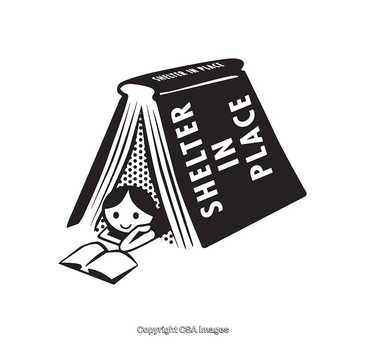 Black and White Drawing of Girl Sheltered Under a Giant Book