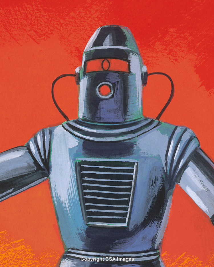 Retro Futuristic Robot Illustration Against a Bold Red Background