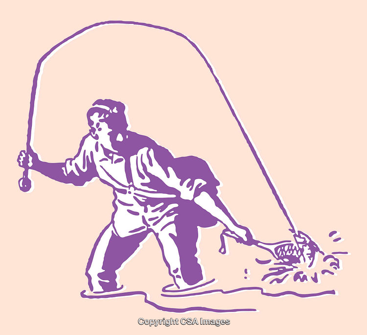 Vintage Style Artwork of a Fishing Activity in Purple Shades