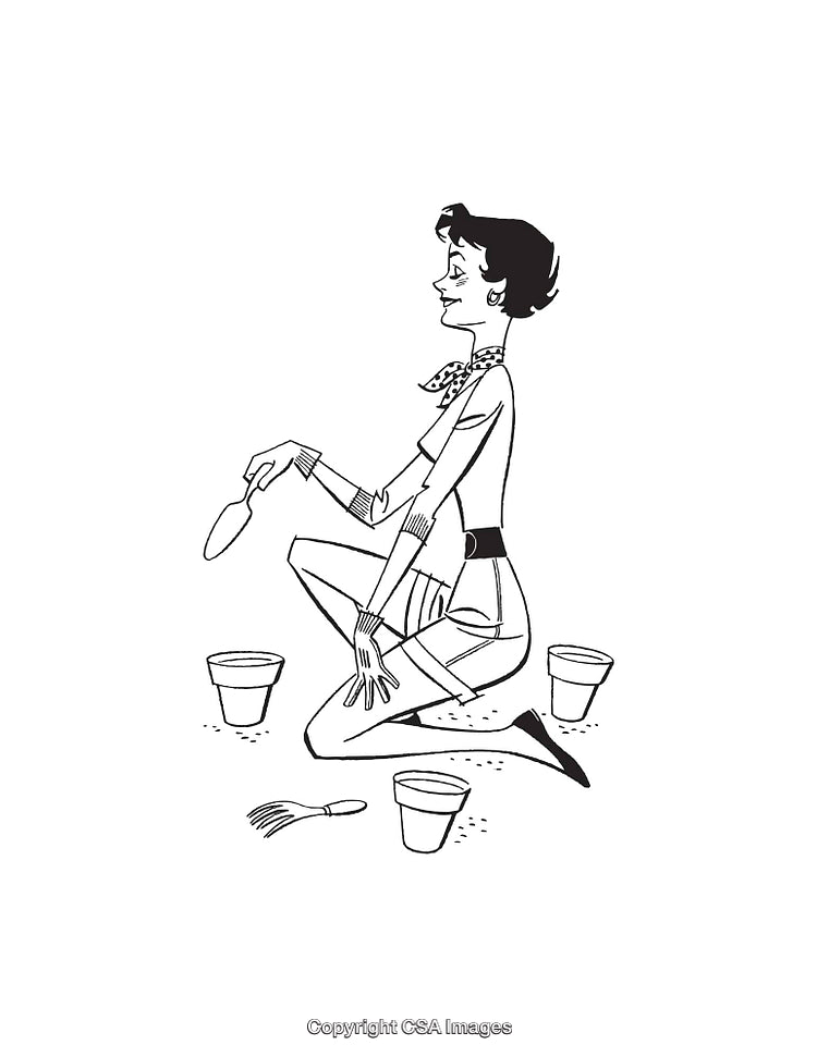 Cartoon Woman Gardening with Pots and Tools in Line Art Style