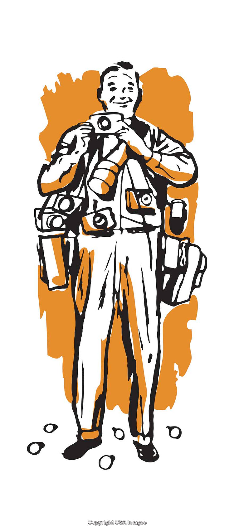 Color Illustration of a Photographer with Multiple Cameras and Gear