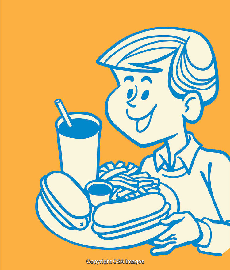 Color Line Art Illustration of a Boy with Fast Food Meal