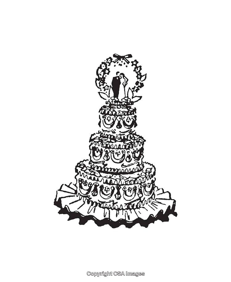 Black and White Line Illustration of a Three-Tier Wedding Cake Decoration