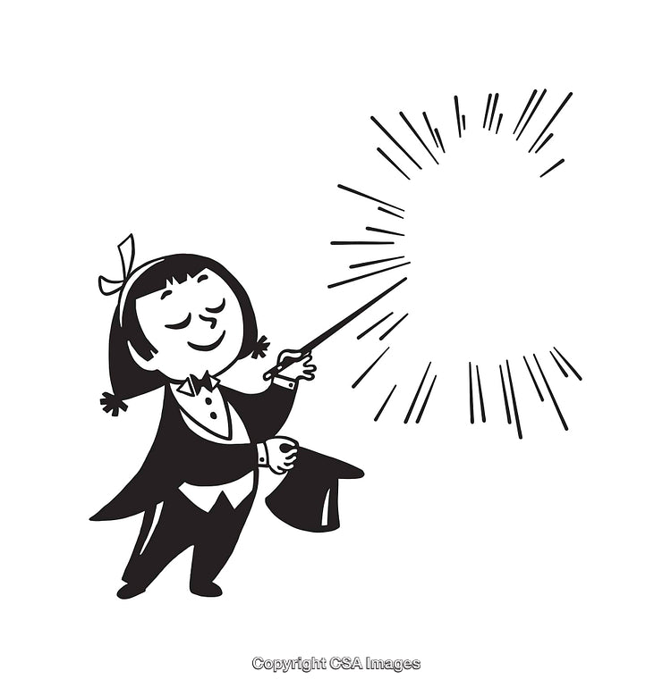 Magician Performing Magic Trick with Sparkling Wand in Black and White Illustration
