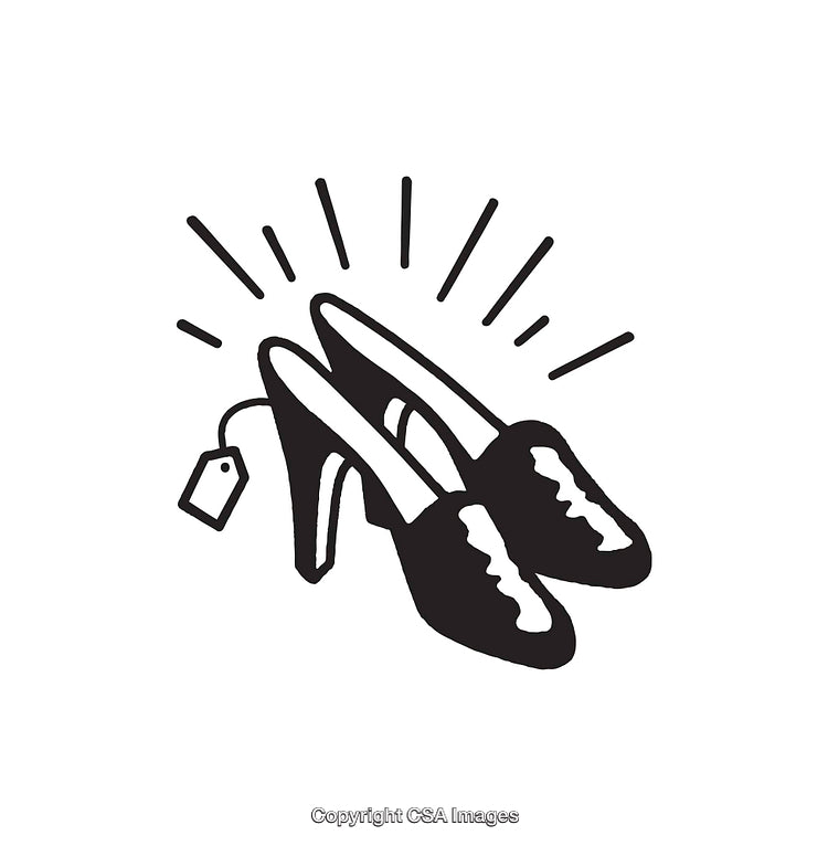 Black and White Illustration of High Heeled Shoes with Price Tag