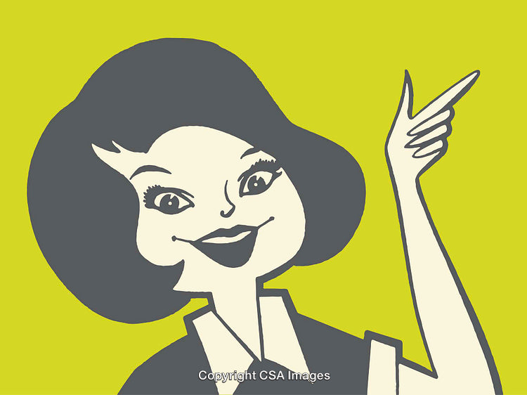 Retro Style Line Art Illustration of a Woman Pointing Happily