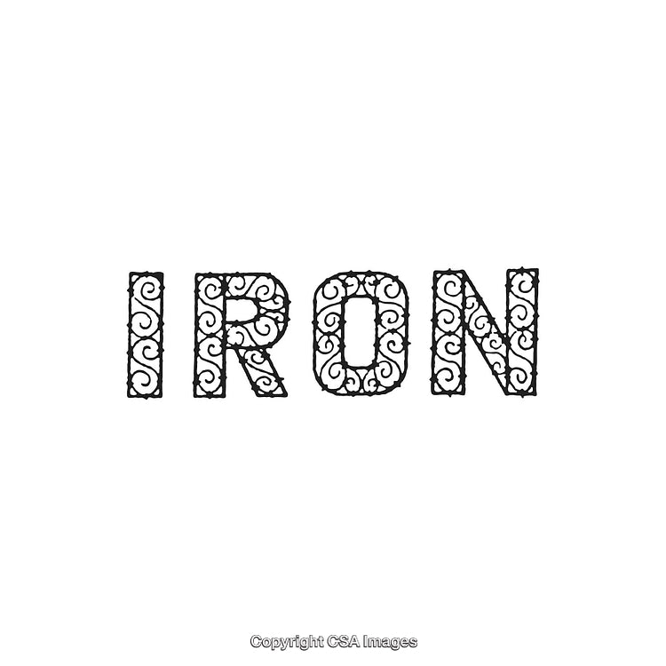 Decorative Metal Ironwork Typography Featuring Ornamental Design Elements on White