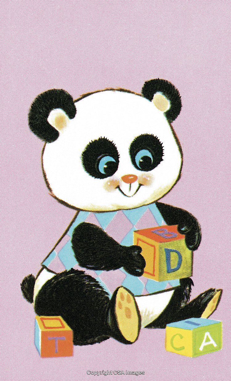 Cute Cartoon Panda Playing With Alphabet Blocks on Pink Background