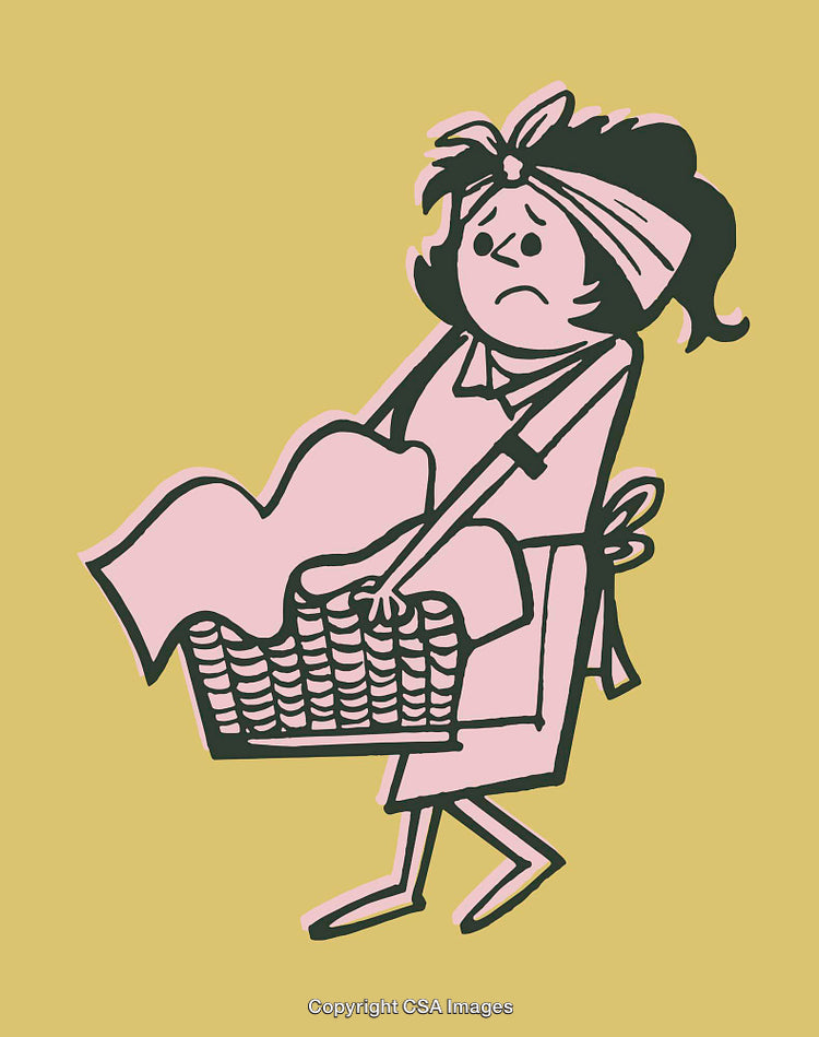 Illustration of Tired Woman Carrying Laundry Basket Expressing Exhaustion and Overwork