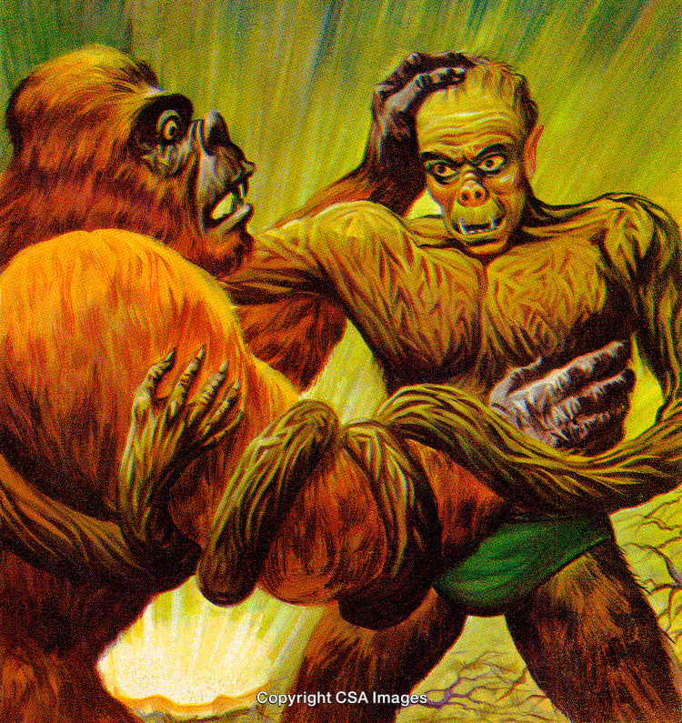 Humanlike and Gorilla Creatures Locked in Intense Struggle Amid Vibrant Backdrop