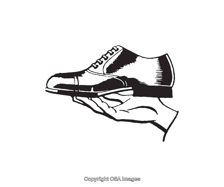Black and White Illustration of a Hand Holding a Polished Shoe