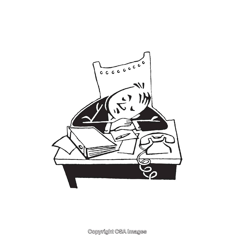 Cartoon Illustration of Exhausted Businessperson Sleeping at Desk