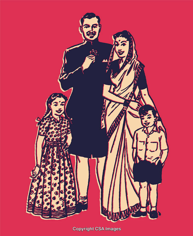 Colorful Vintage Style Illustration of Happy Family with Children