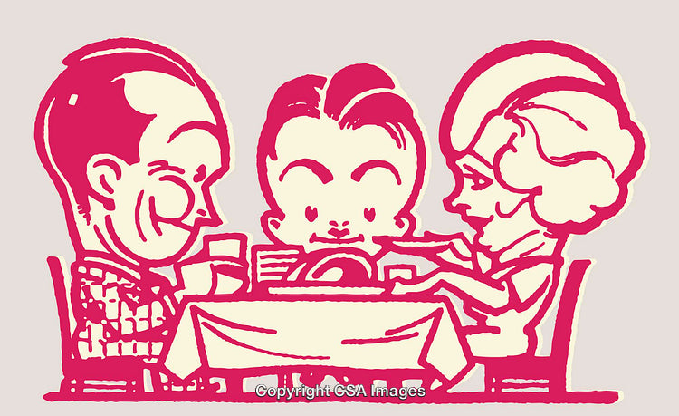 Retro Line Art Illustration of a Family Dining Together