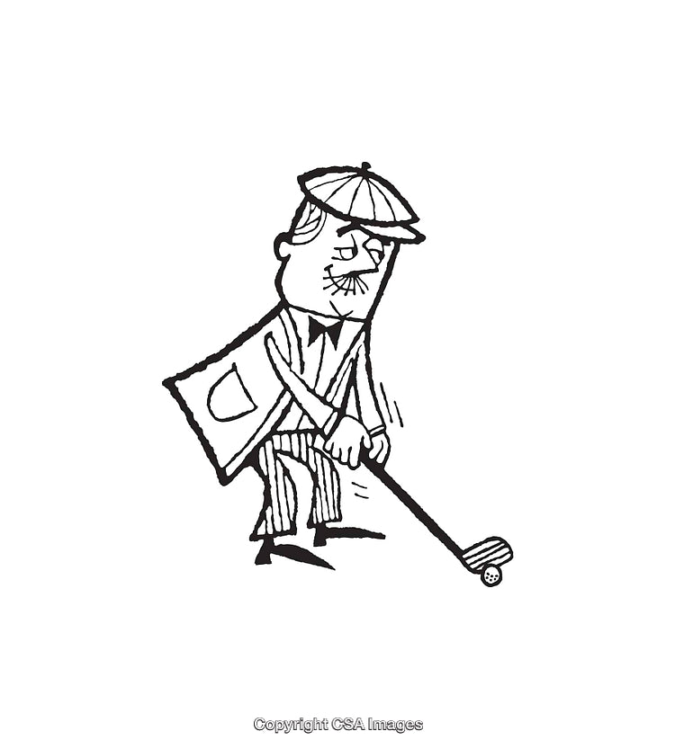 Retro Black and White Cartoon Line Art of a Golfer