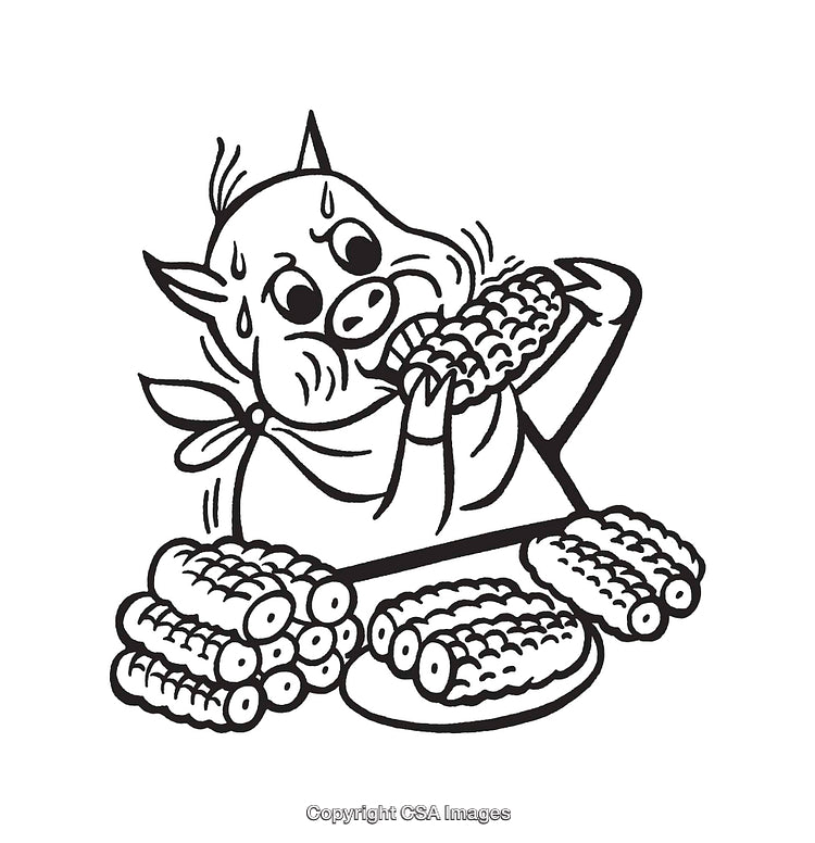 Cartoon Pig Eating Corn on the Cob Line Art Illustration