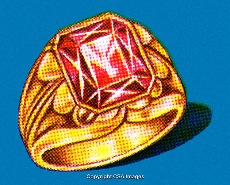 Golden Ring with Red Gemstone on Blue Background in Pop Art Style