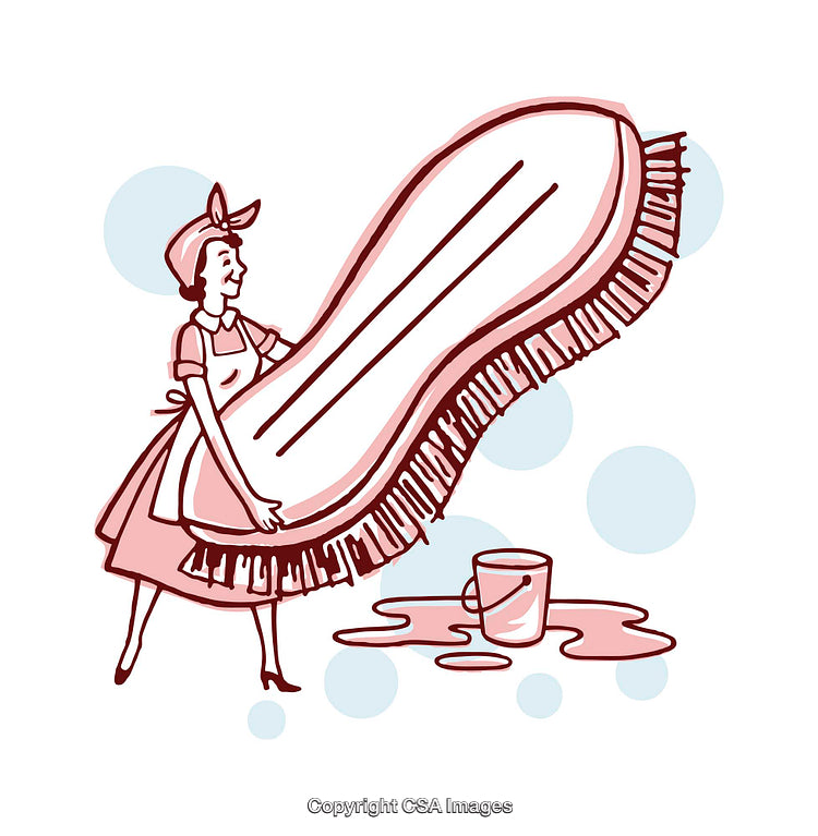 Vintage Style Illustration of Woman Cleaning With Oversized Cleaning Supplies